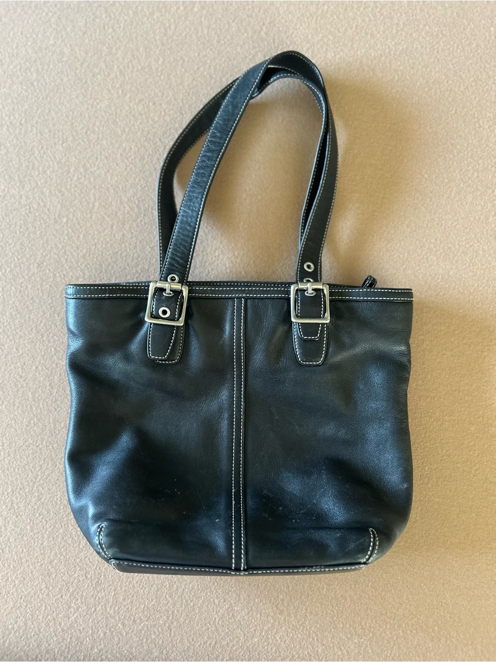 Coach Black Leather Shoulder Bag with White Contrast Stitching